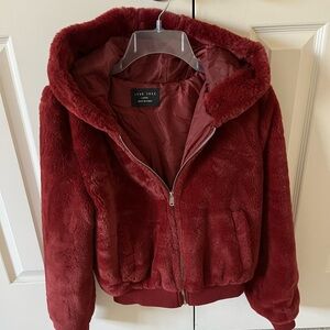 Love Tree brand cranberry colored fur hooded jacket